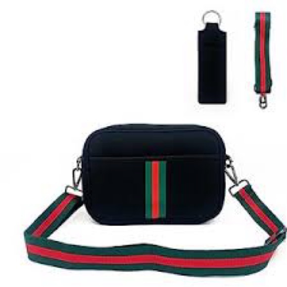 Stylish Black Crossbody Bag with Red and Green Accents - Picture 8 of 12